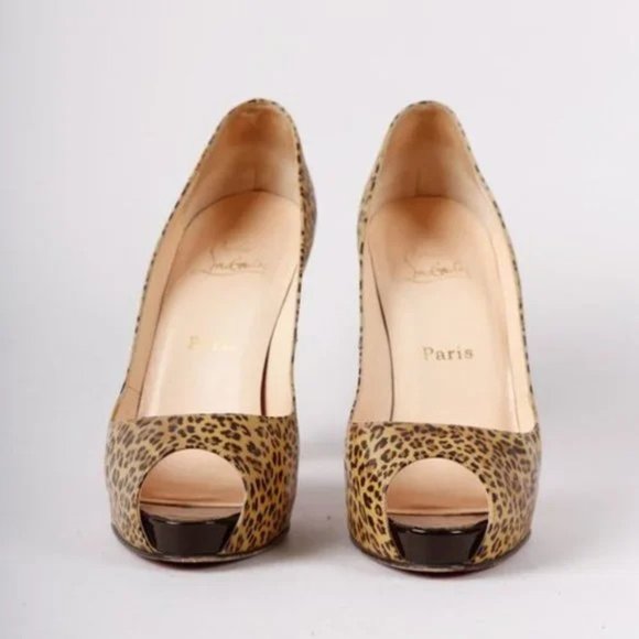Christian Louboutin Leopard Print Patent Leather Peep Toe Heels - Picture 2 of 8
